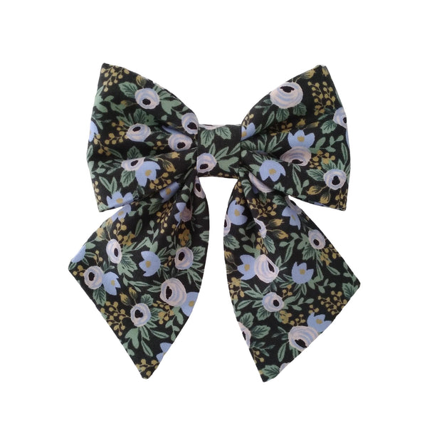 dog sailor bows in Rosa black floral print for small and large dogs that attach to the dogs collar