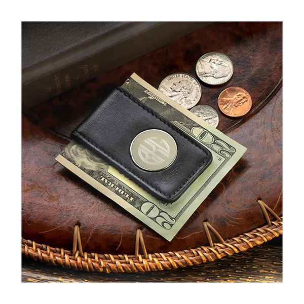 Leather magnetic money clip with circle monogram