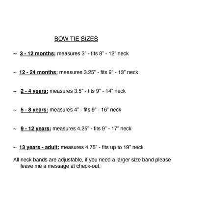 A bow tie size chart from 3 months to adult.