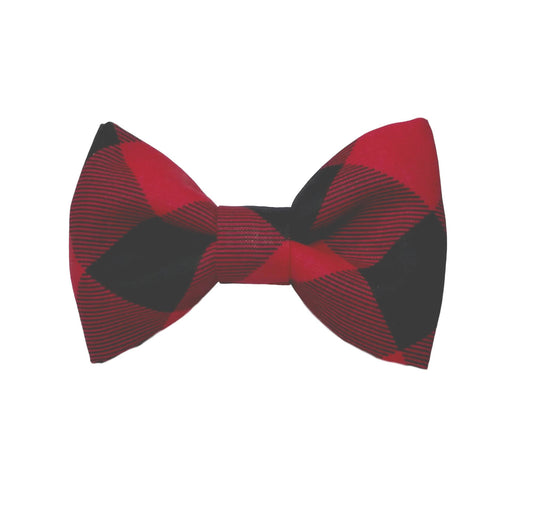 dog bow tie in red and black buffalo check print that attaches to the collar 