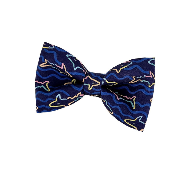 Fun bow ties for dogs in a colorful shark print for puppy, small,, medium and big dogs that attach to the dog collar