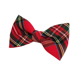 Dog bow ties in red tartan plaid for small and large dogs that are attached to the collar with Velcro Brand tape