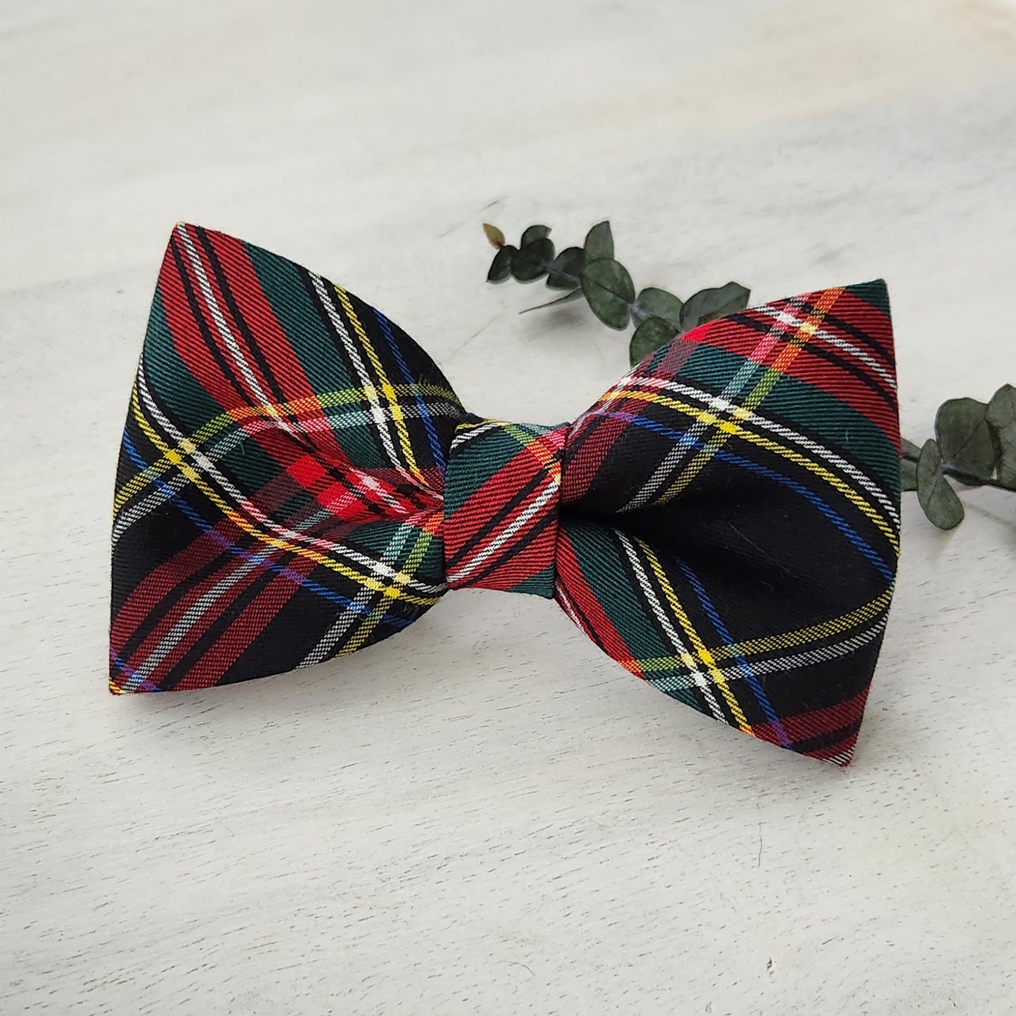 Tartan plaid dog bow tie in black red and green print