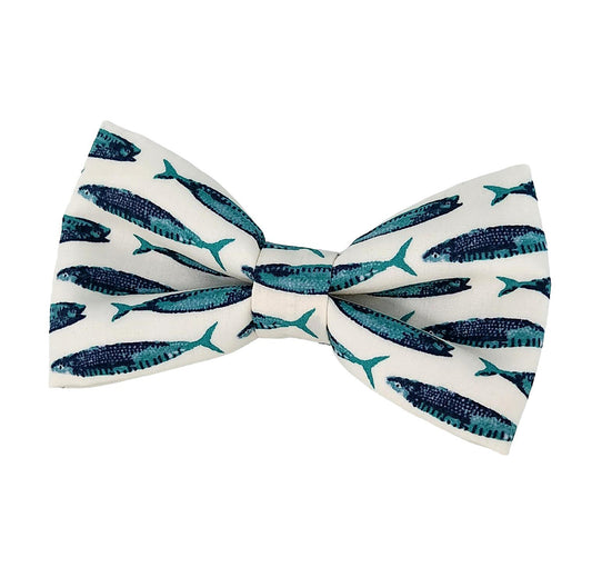 dog bow ties in a fun fish catch the drift print for small and big dogs