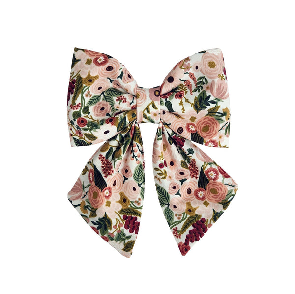 Peach dog collar bows for small medium and large dogs in floral garden party wildwood fabric
