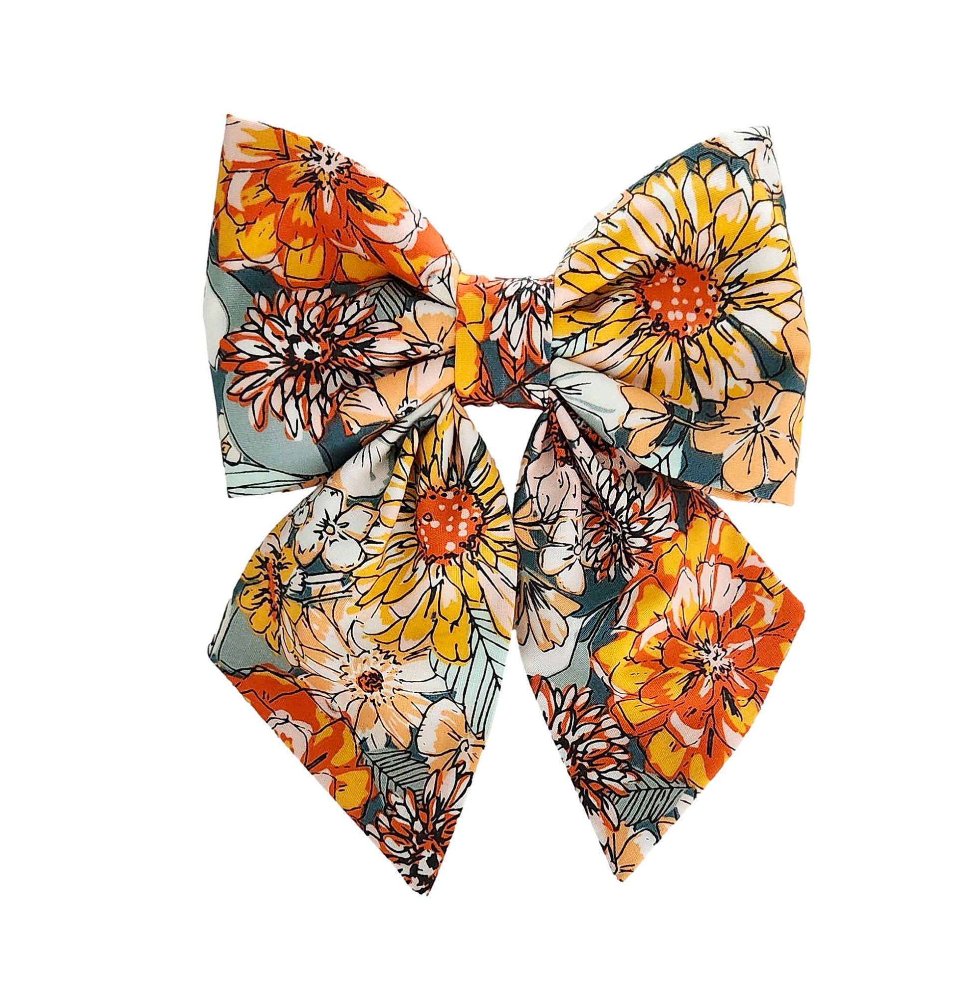 dog collar bows in gold and orange flower print for fall in sizes for big and small dogs