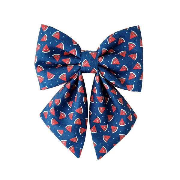 Navy sailor dog bow in a fun watermelon cotton print for small medium and large dogs that attaches to the collar with Velcro Brand tape
