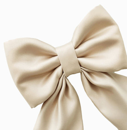 Beige satin dog bow cloe-up view.