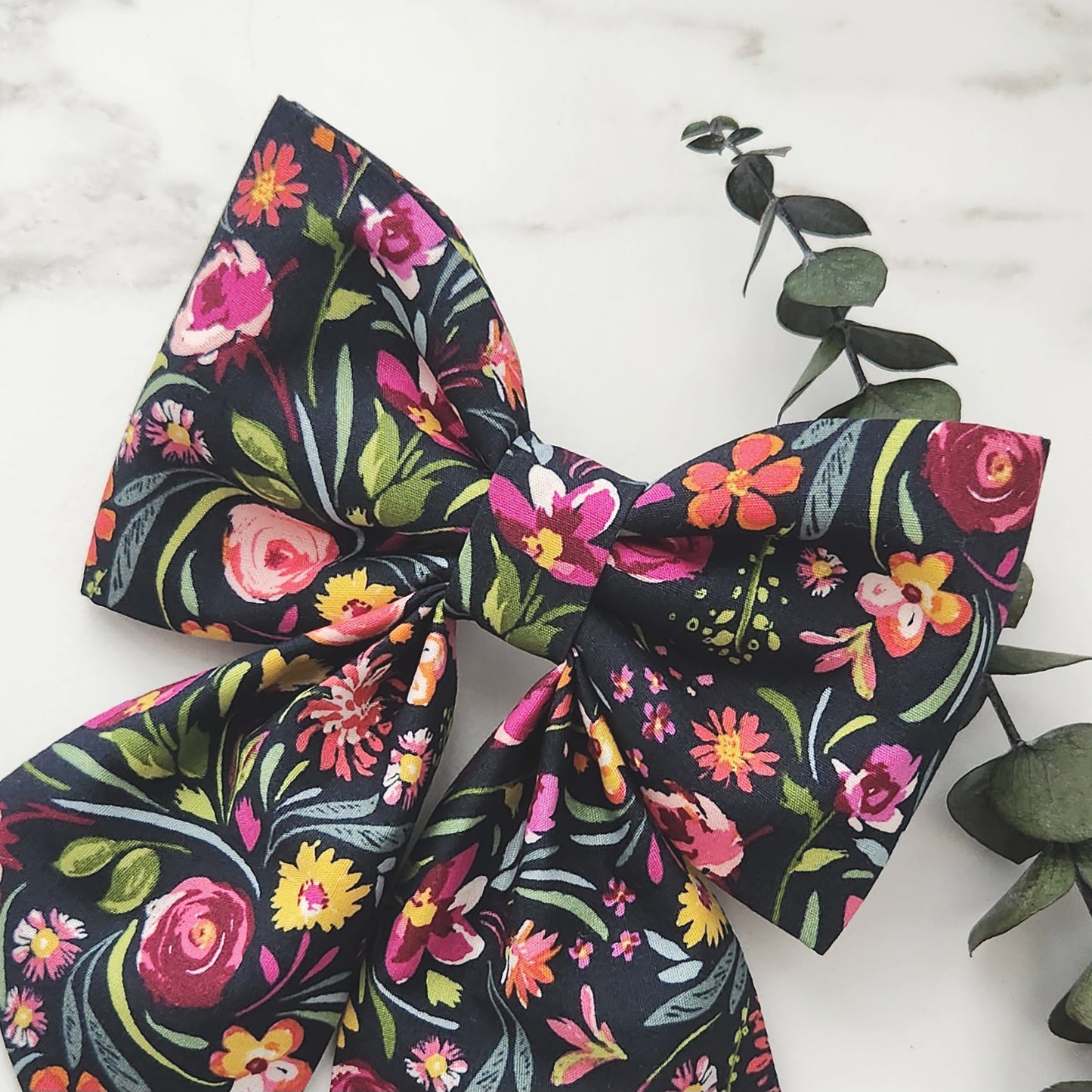 Colorful Black Floral Dog Collar Bows