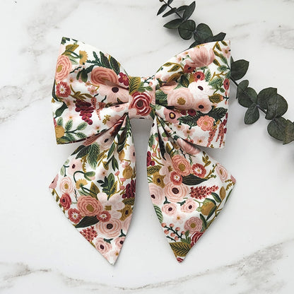 Dog sailor bow in pink floral Garden Party Rose fabric.