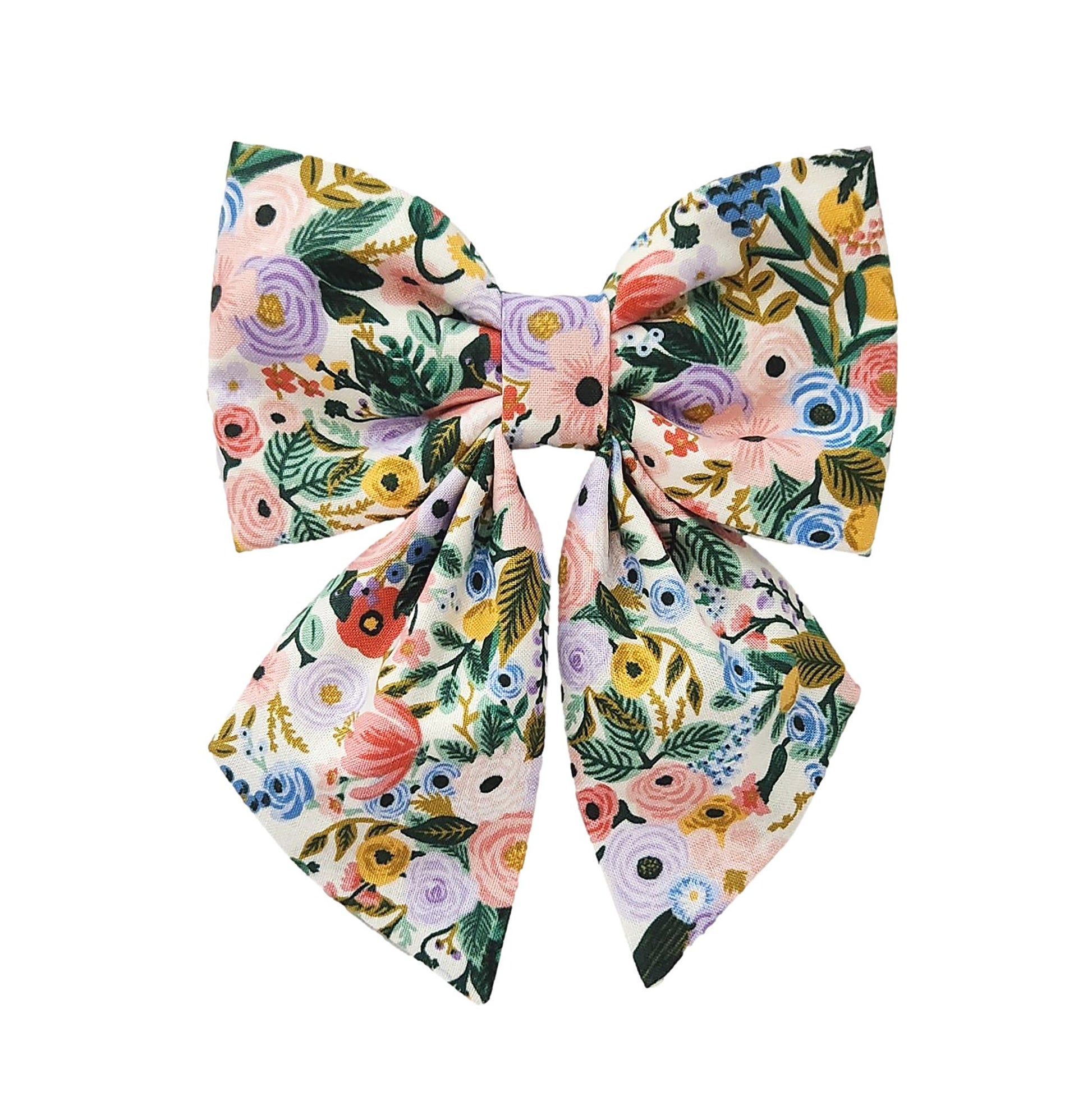 Dog sailor bows in peach and purple flower print for small and big dogs that attach to the collar