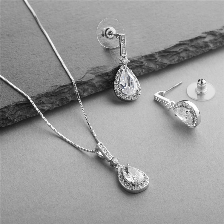 silver pear shaped wedding necklace and earring set