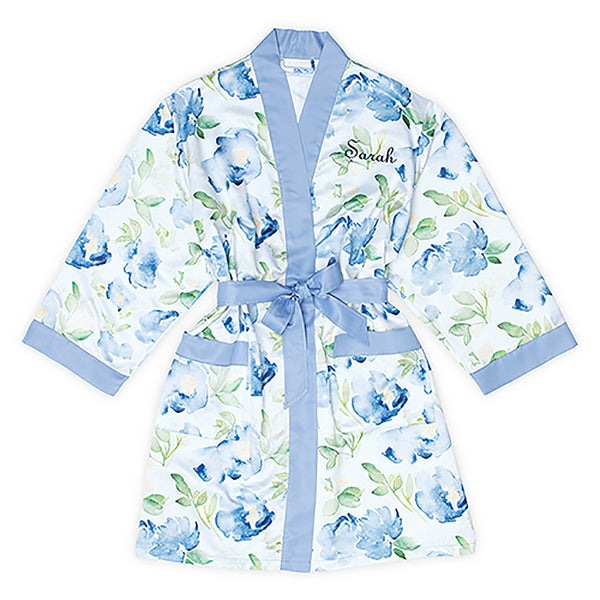 Blue floral watercolor robe on blue