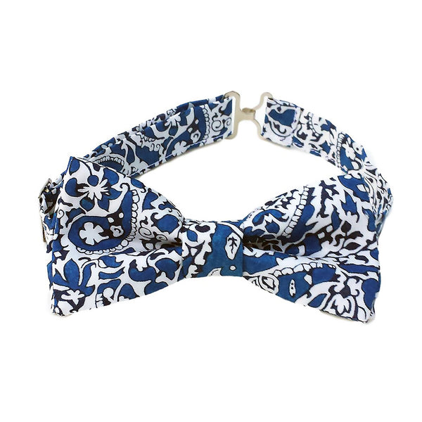 blue and white bow ties for boys and babies in Liberty of London Lagos Laurel fabric