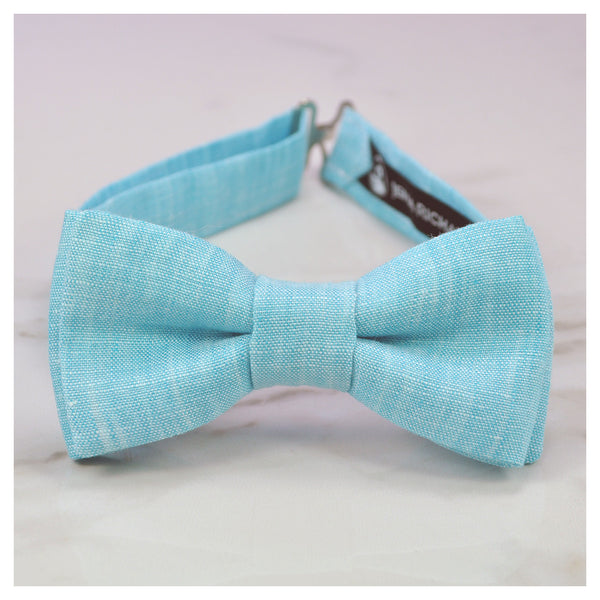 turquoise linen bow tie for boys, men and babies pre tied