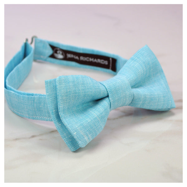 turquoise linen bow tie side view