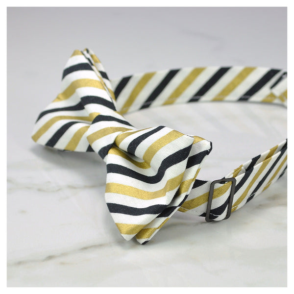 Black, gold and white stripe bow tie side view
