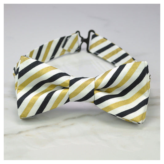 Black, gold and white striped bow tie