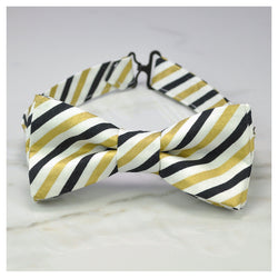 Black, gold and white striped bow tie