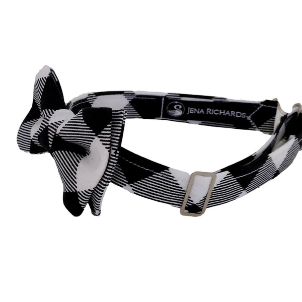 Black and white buffalo plaid bow tie for boys side view