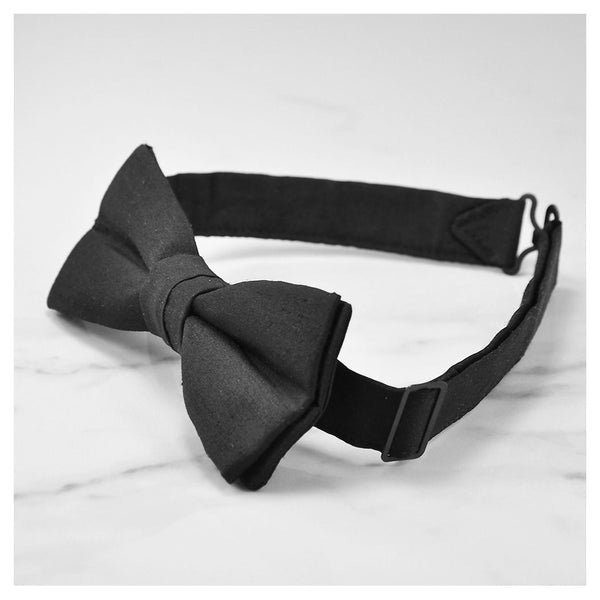 Black silk bow tie side view