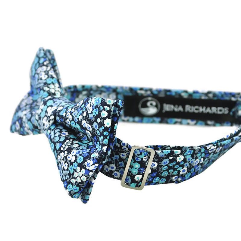 Blue floral bow tie side view