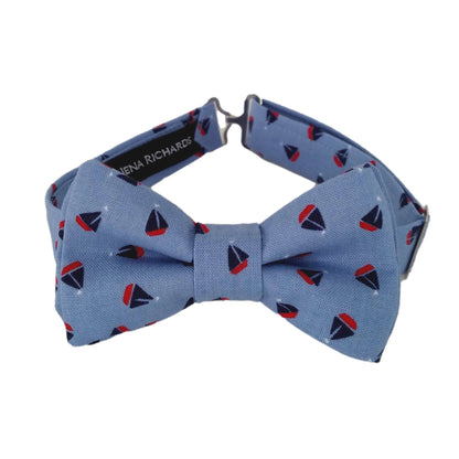 blue bow tie with tiny sailboat print for boys and babies 