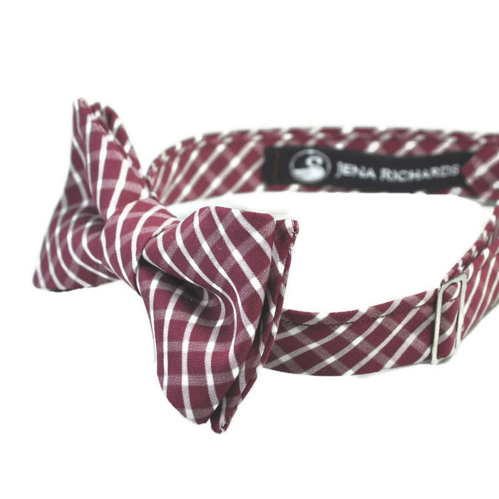 burgundy and white plaid bow tie side view