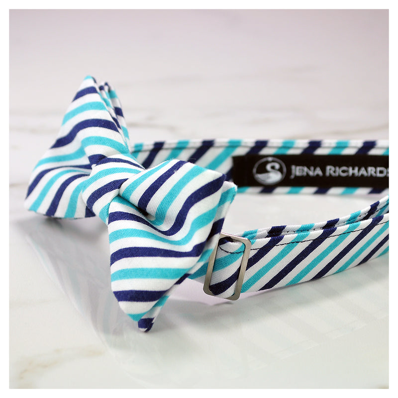 Blue and white striped bow tie side view