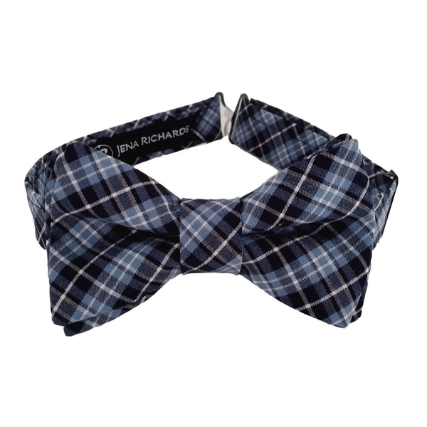 navy and light blue plaid bow ties for boys, babies and men 