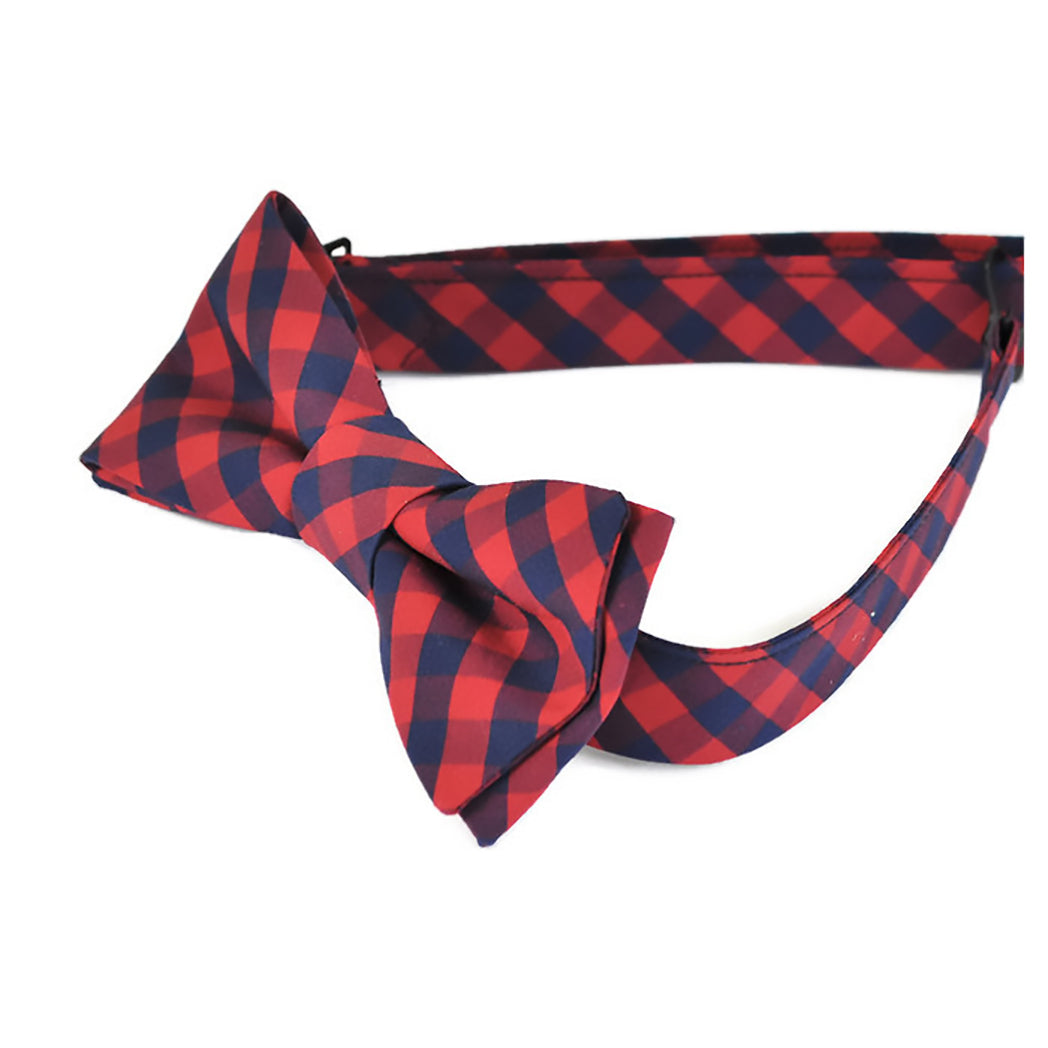 navy and red plaid bow tie side view