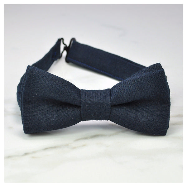 dark navy blue linen bow ties for boys, men and baby pre tied