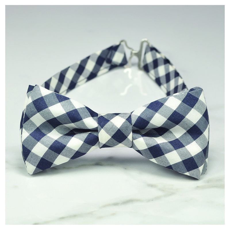 Navy blue and off white silk gingham check bow tie for toddler