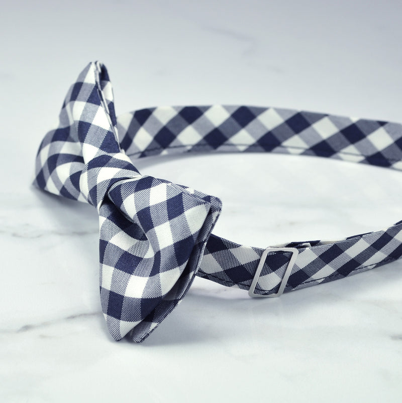 Navy blue gingham bow tie side view