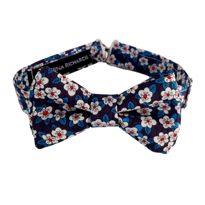 navy floral bow ties for boys and babies in Liberty of London Ffion navy fabric