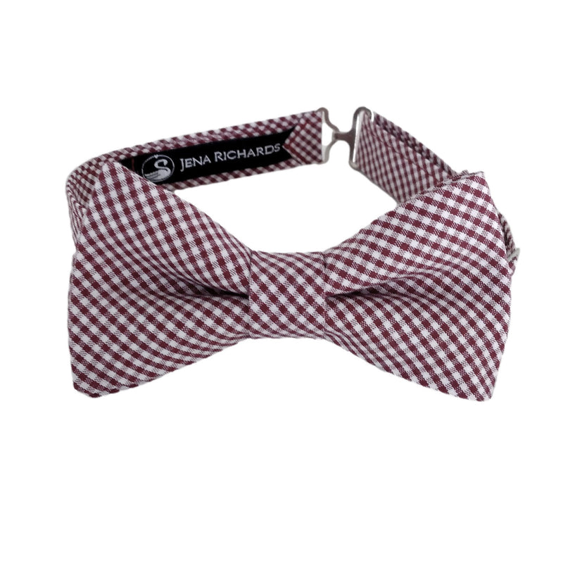 burgundy and white mini gingham check bow tie for boys, babies and men