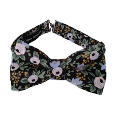 black floral bow ties for boys, men and babies in Rifle Paper Co Rosa Black fabric pre tied