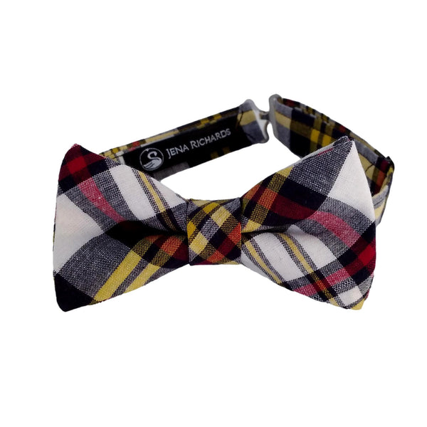navy, red and yellow madras plaid bow tie for boys and men