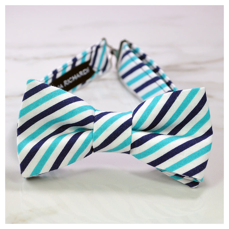 Blue and white striped bow tie