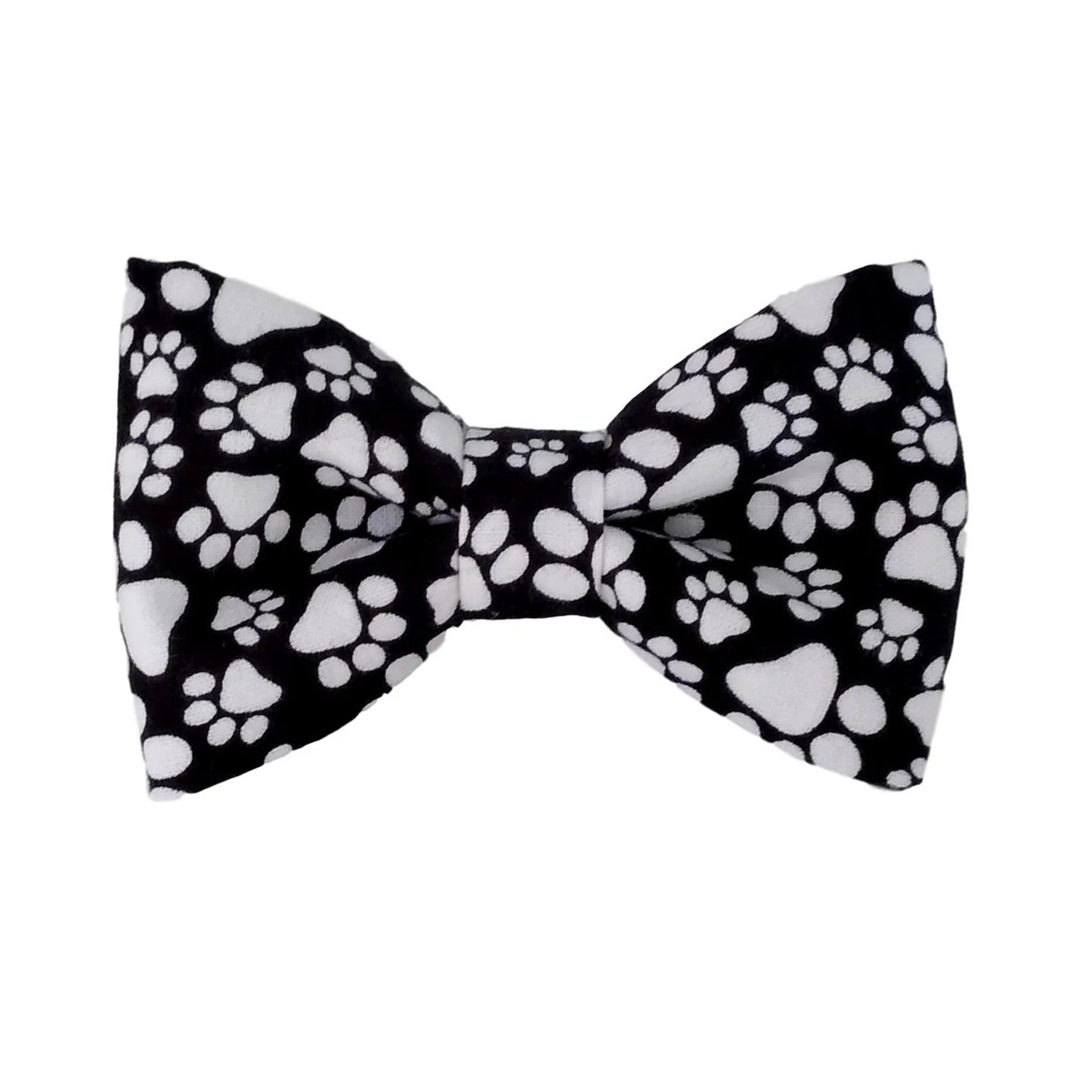 black dog bow tie with white paw print for small and big dogs that attach to the collar