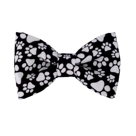 black dog bow tie with white paw print for small and big dogs that attach to the collar