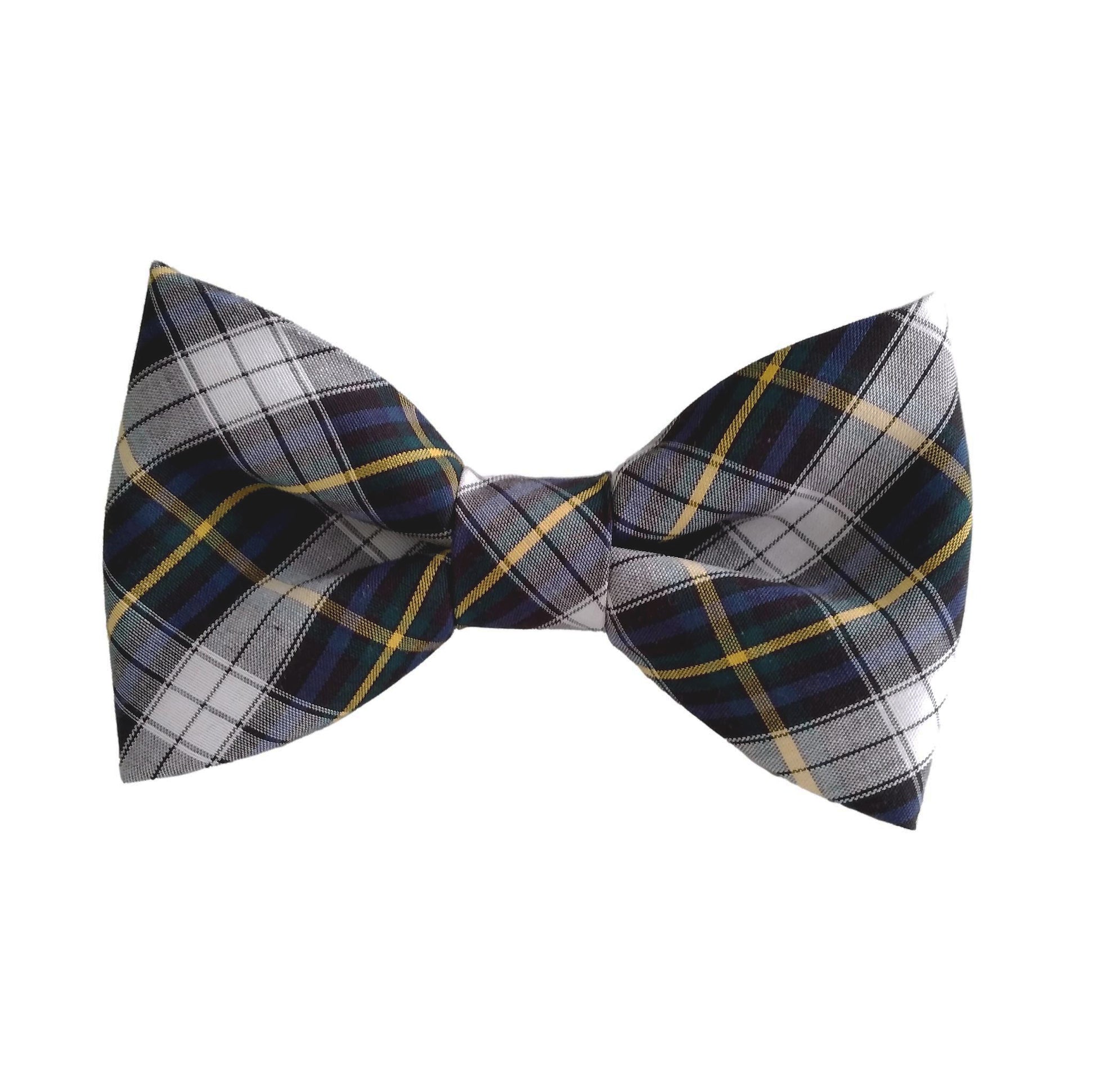 bow ties for dogs in black and yellow plaid for small and large dogs that attach to the dog collar