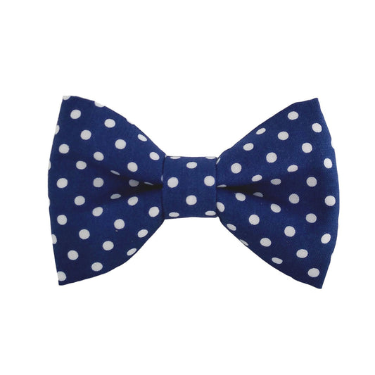 navy dog bow ties with white polka dots that attach to the collar