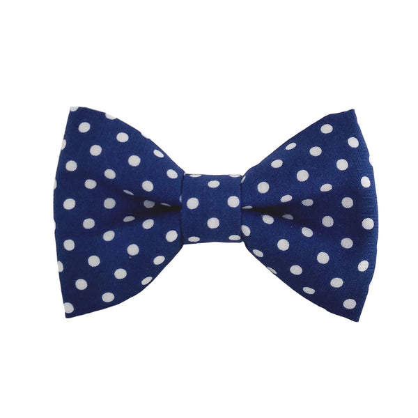 navy dog bow tie with white polka dots that attach to the collar