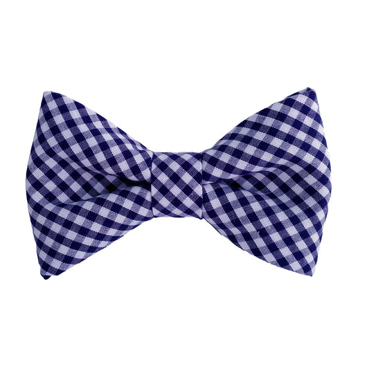 Dog bow ties in navy and white gingham check that attach to the collar in small and large sizes