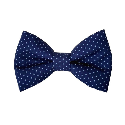 navy dog bow tie with pin dots for small and large dogs that attach to the dog collar