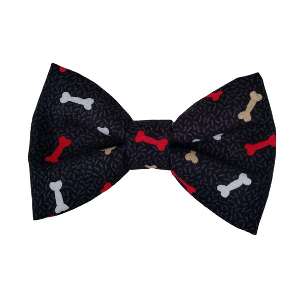 Black dog bow ties with a fun bone print that attach to the collar for small medium and large dogs