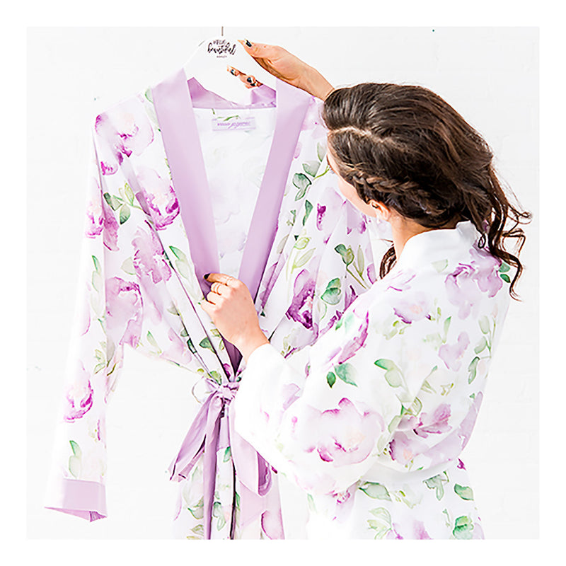 Lavender floral bridesmaid robe close up