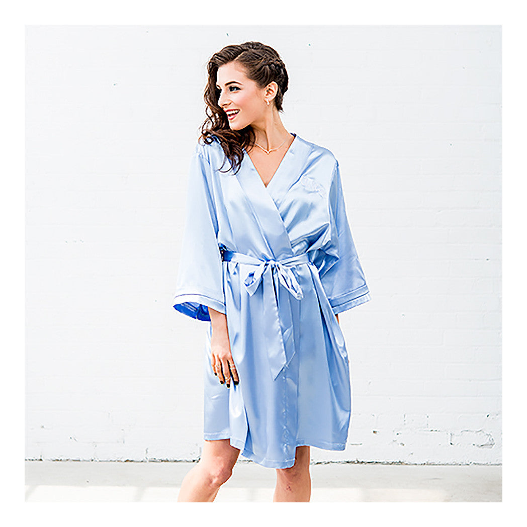 Periwinkle blue kimono robes on model