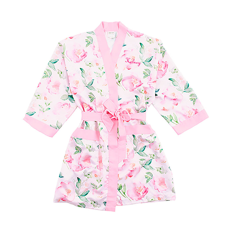 Pink watercolor kimono robe with pink trim